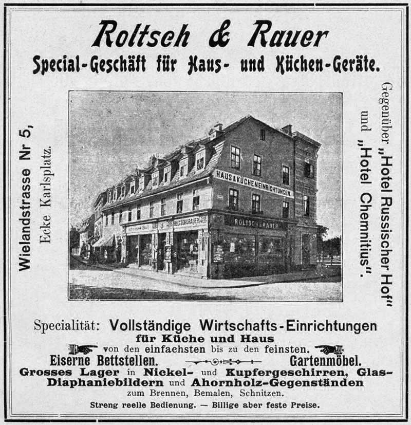 Werbeanzeige von »Roltsch & Rauer, Special-Geschäft für Haus- und Küchengeräte« aus dem Adressbuch Weimar von 1900